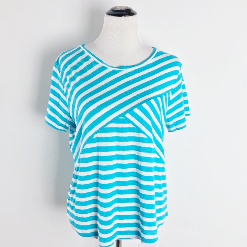 J. Crew Aqua Linen Cross Stripe T Shirt - Picture 2 of 8